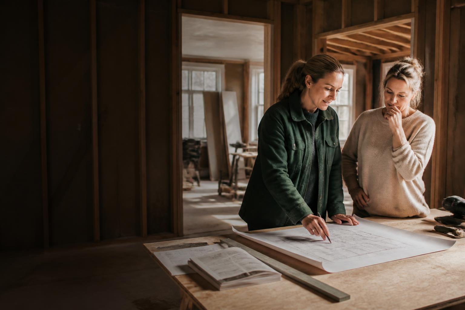Byggexpert och husägare går igenom ritningar under en renovering